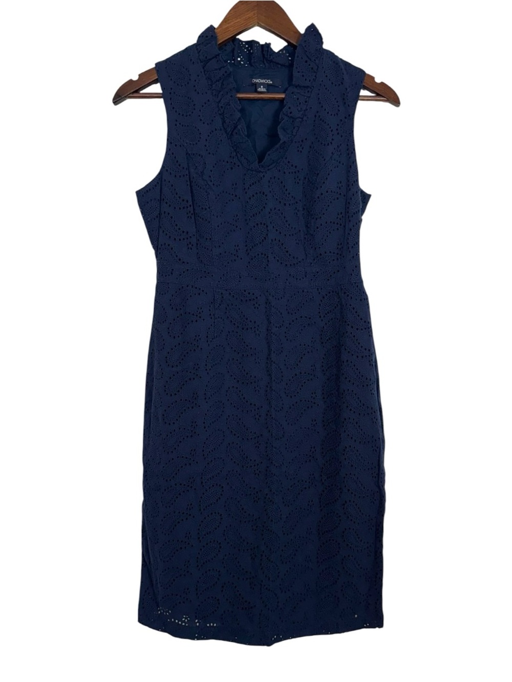 Chadwick’s Dark Blue Eyelet Paisley Shift Dress Size 8 Sleeveless Ruffle Trim